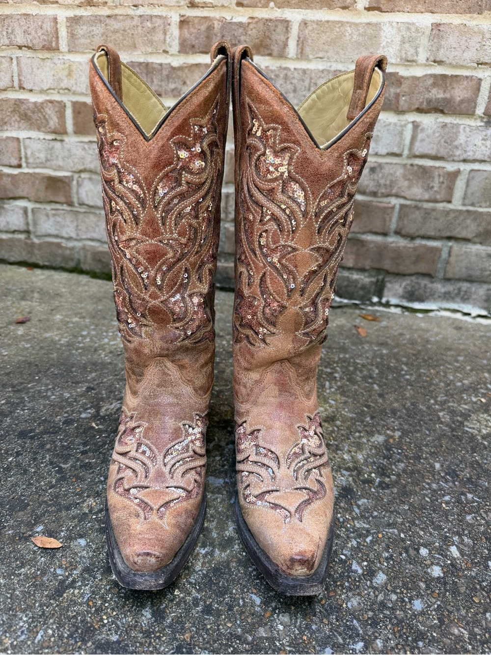 Corral Cowboy Boots A3578 Cognac Glitter Embroidered Leather (Size 6) Mid Calf